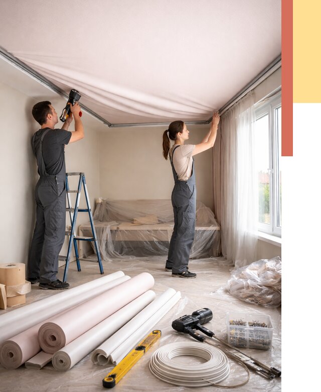 Монтаж цветного натяжного потолка в Новосибирске от 4270 руб/м² — быстро и недорого | ОТДЕЛОЧНИК-Нвс