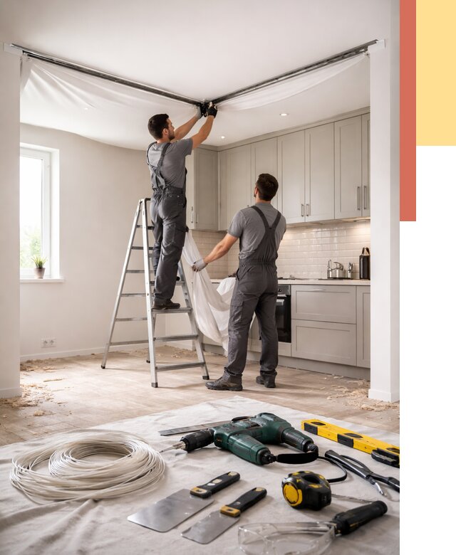 Установка натяжного потолка на кухне в Новосибирске от 2440 руб. | ОТДЕЛОЧНИК-Нвс