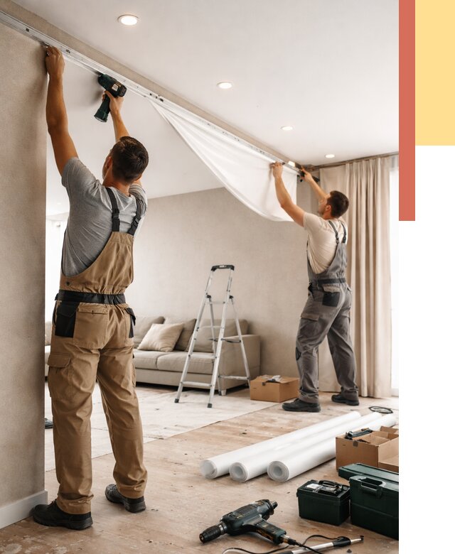 Монтаж натяжного потолка в гостиной в Новосибирске от 559 руб. | ОТДЕЛОЧНИК-Нвс