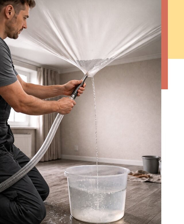 Слив воды с натяжного потолка в Новосибирске от 2542 руб. быстро и недорого | ОТДЕЛОЧНИК-Нвс