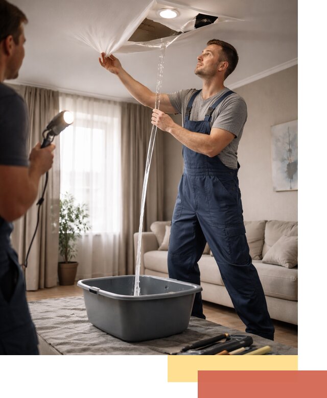 Слив воды с натяжного потолка в Новосибирске быстро и аккуратно