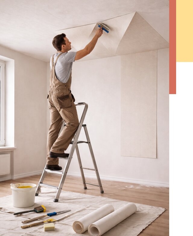 Поклейка обоев на потолок в Новосибирске от 4575 руб. быстро и недорого | ОТДЕЛОЧНИК-Нвс